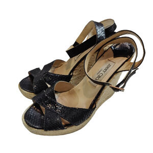 Jimmy Choo Sz 41 Black Python Embossed Espadrille Wedge Sandal Ankle Strap​